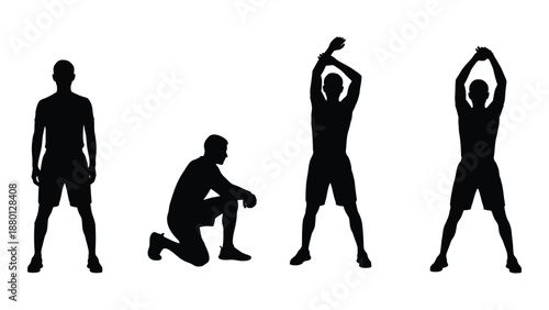Silhouette series depicting a person in various stretching and exercise positions