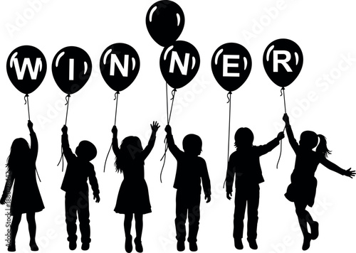 Silhouette children celebrating success, holding balloons, spelling WINNER, joyful kids, teamwork, achievement, happiness, unity, motivation, festive, playful, outdoor fun