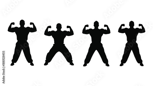 Silhouette of four muscular men posing with flexed biceps demonstrating strength and fitness