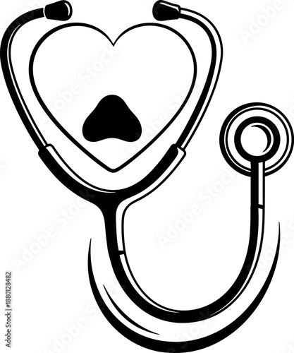 Veterinary heart stethoscope, pet healthcare symbol, dog nose silhouette, animal wellness icon, vet compassion graphic, medical care vector, love, illustration