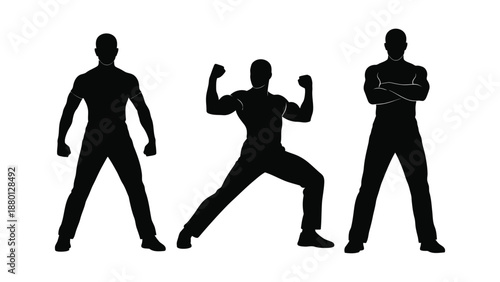 Silhouettes of three men displaying different powerful poses showcasing strength and determination