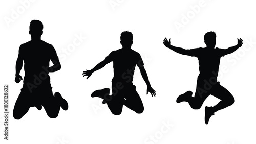 Silhouettes of people in dynamic poses jumping and kneeling creating a playful visual rhythm