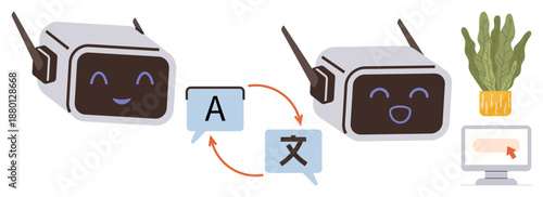 Language services, AI interactions, machine learning, multilingual communication, education technology, innovation. Two AI bots exchanging language translation symbols. Language services and AI