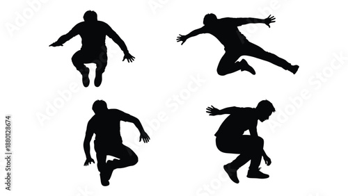 Silhouettes of dynamic people in various jumping and movement poses showcasing energy