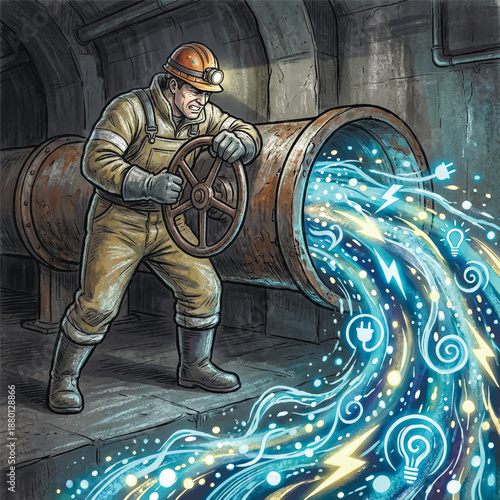  A worker opens a large valve, releasing a powerful stream of abstract electrical energy with lightbulb and plug icons. Metaphor for power, innovation, and industry.. Vector illustration
