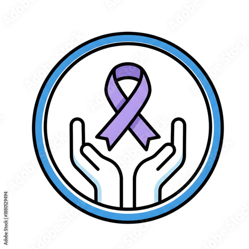 Support and awareness for a cause with purple ribbon icon
