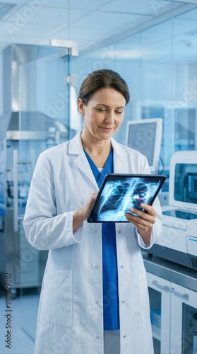 Professional Doctor Using AI Diagnostic Software on Tablet for Medical Analysis.