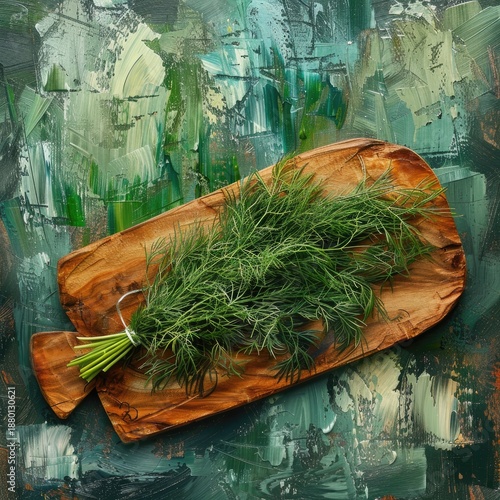 A bunch of fresh dill on a wooden board, fragrant herbs and seasoning.