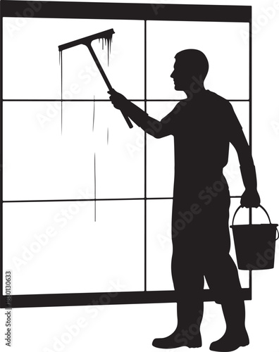 Silhouette of a professional window cleaner using a squeegee and bucket on a large glass window