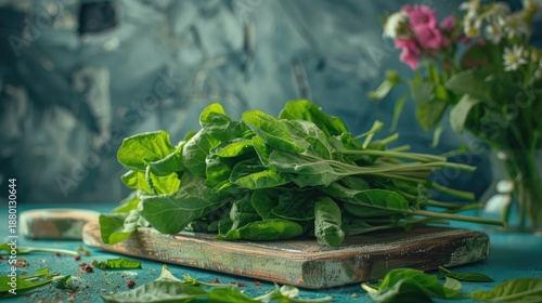 A bunch of fresh green sorrel on a wooden board, fragrant herbs and seasoning.