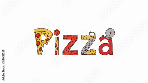 Vibrant pizza typography formed by cheese and toppings elements