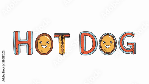 Cute hot dog word graphic with smiling sausage faces