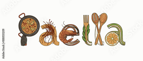 Seafood paella word art with pan and rice elements