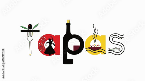 Elegant tapas word graphic with olive and bottle features