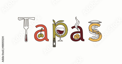 Festive tapas illustration using fork and wine elements
