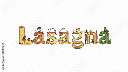Layered lasagna typography featuring cheese and herb elements
