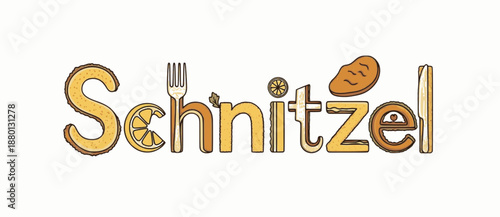 Breaded schnitzel word art including fork and lemon