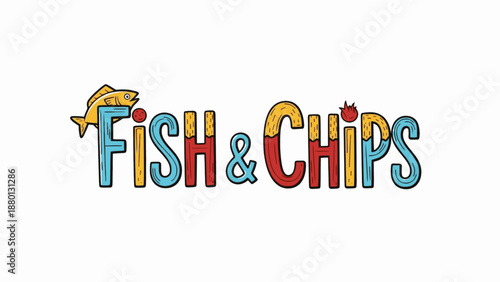 Vibrant fish and chips word design featuring tomato