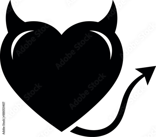Devil heart silhouette, dark love symbol, temptation icon, evil romance graphic, vector design, mischievous emotion, Halloween art, passion, illustration