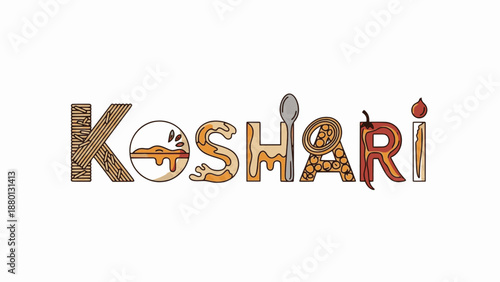 Hearty koshari typography incorporating bowl and spoon