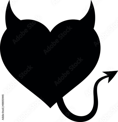 Devil heart silhouette, love and temptation icon, dark romance symbol, vector graphic, evil love concept, tattoo design, Halloween art