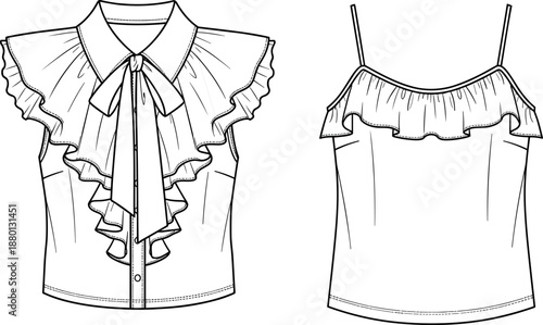 Elegant sleeveless women's fashion tops with ruffles, bow tie blouse, camisole design, stylish feminine apparel illustration for garment inspiration
