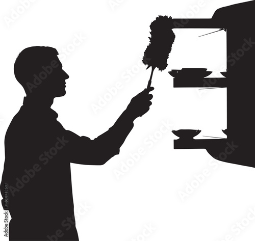 Silhouette of a man cleaning and dusting shelves with a feather duster during household chores