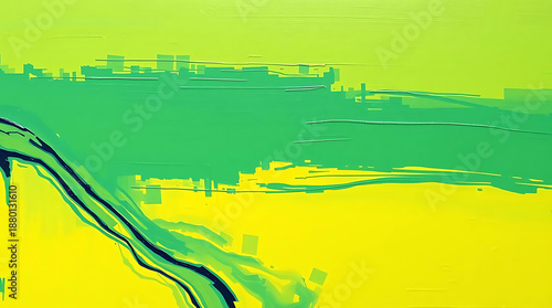 Vibrant abstract art piece with green and yellow hues and textured brushstrokes on a colored background