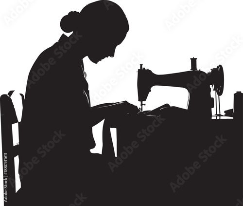 Silhouette of a woman seamstress working at a vintage sewing machine