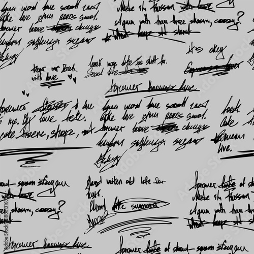 Seamless handwritten text scribble pattern with abstract notes, crossed words, underlines and chaotic handwriting texture. Grunge artistic vector background.