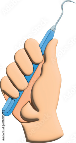 A clean vector illustration depicts a hand firmly gripping a blue-handled dental scaler against , symbolizing professional dental care.