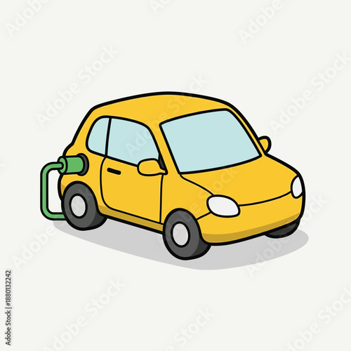 An illustration of a yellow electric car recharging at a charging station from a three-quarter viewpoint.