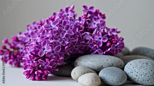 Vibrant purple lilac blossoms nestled amongst gray stones