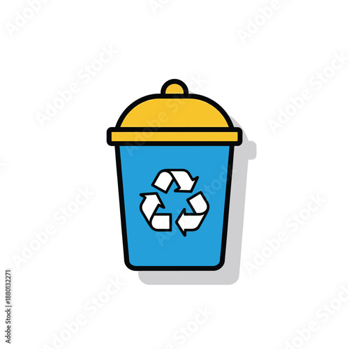 Blue recycling bin with a yellow lid and the universal recycling symbol on its side, representing waste management and environmental conservation