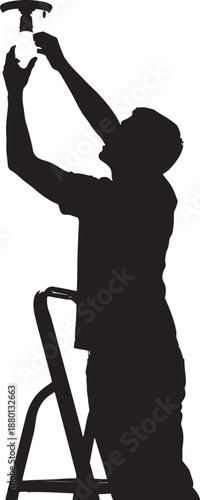 Silhouette of a handyman on a ladder changing a lightbulb on the ceiling