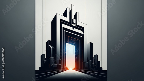 Futuristic cityscape with a glowing doorway and sleek skyscrapers architecture