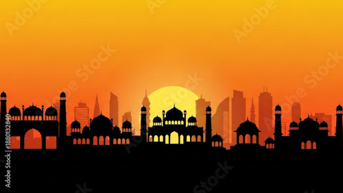 Silhouette of a mosque or palace with towers at sunset or sunrise with city skyline in background with tall buildings