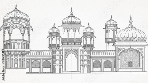 A beautiful architectural drawing of an indian palace with domes and arches