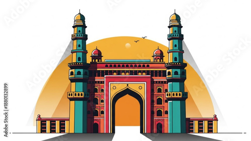 Colorful illustration of a historic indian gate with towers and archway
