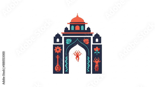 Colorful indianstyle temple gate with intricate designs and patterns