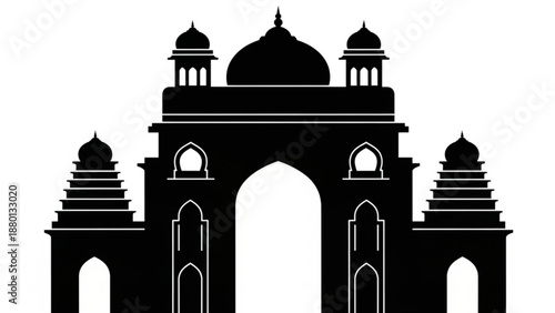 Black silhouette of an indian temple gate with towers and arches