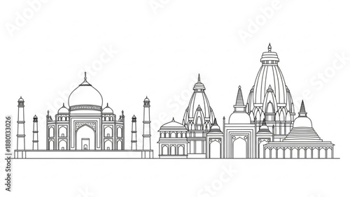 Line drawing of famous indian buildings and monuments in a row