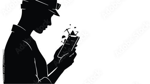 Man in hat using smartphone with sparks flying out of screen in black silhouette on white background technology and innovation concept