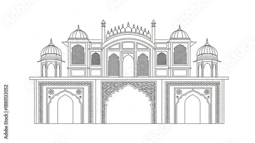 Intricate architectural drawing of a building with domes and archways in detailed line art style