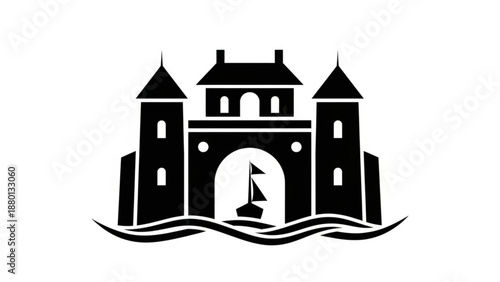 Black silhouette of a castle gate with a sailboat passing through
