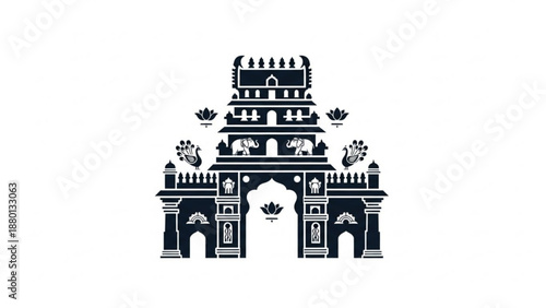 A black and white illustration of an indian architectural gate structure
