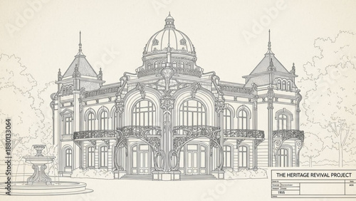 A large ornate building with a dome and balconies architectural sketch drawing