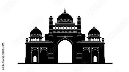 Black silhouette of a large building with domes and archways
