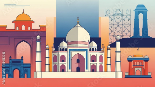 Illustration of famous indian landmarks and monuments in a colorful style