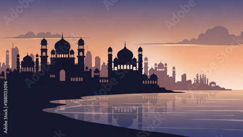 Silhouette of a mosque and city skyline at sunset with water reflection